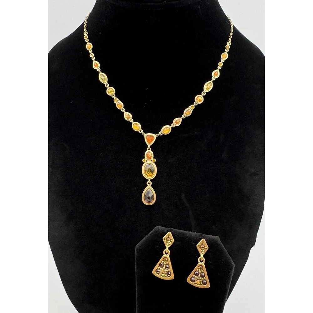 Liz Claiborne Matte Gold Tone‎ Amber Color Y Drop Necklace & Dangle Earring Set
